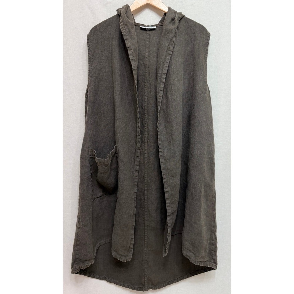 Bryn Walker Women's Vest Hooded Longline Brown 100% Linen Lagenlook USA Small